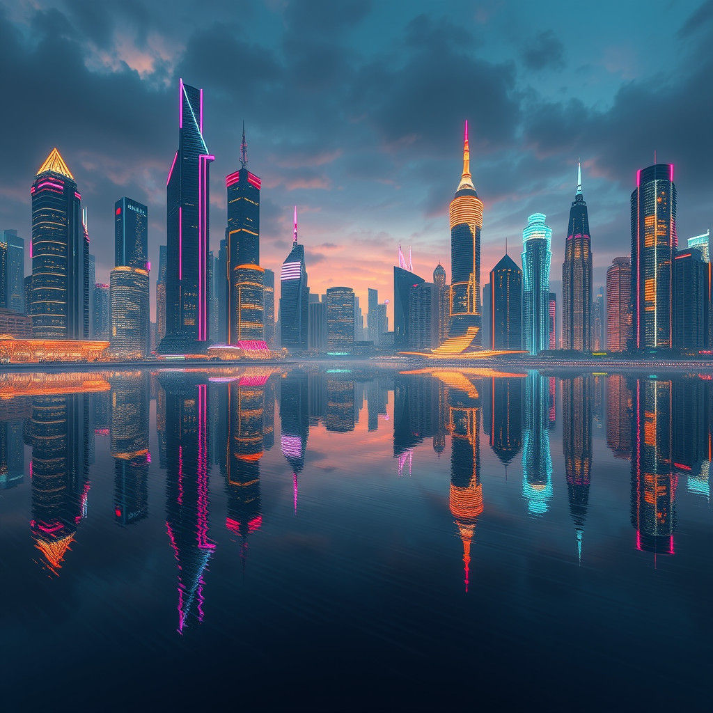 Neon Metropolis Mirrored in Lake: Anime-Inspired 3D Art