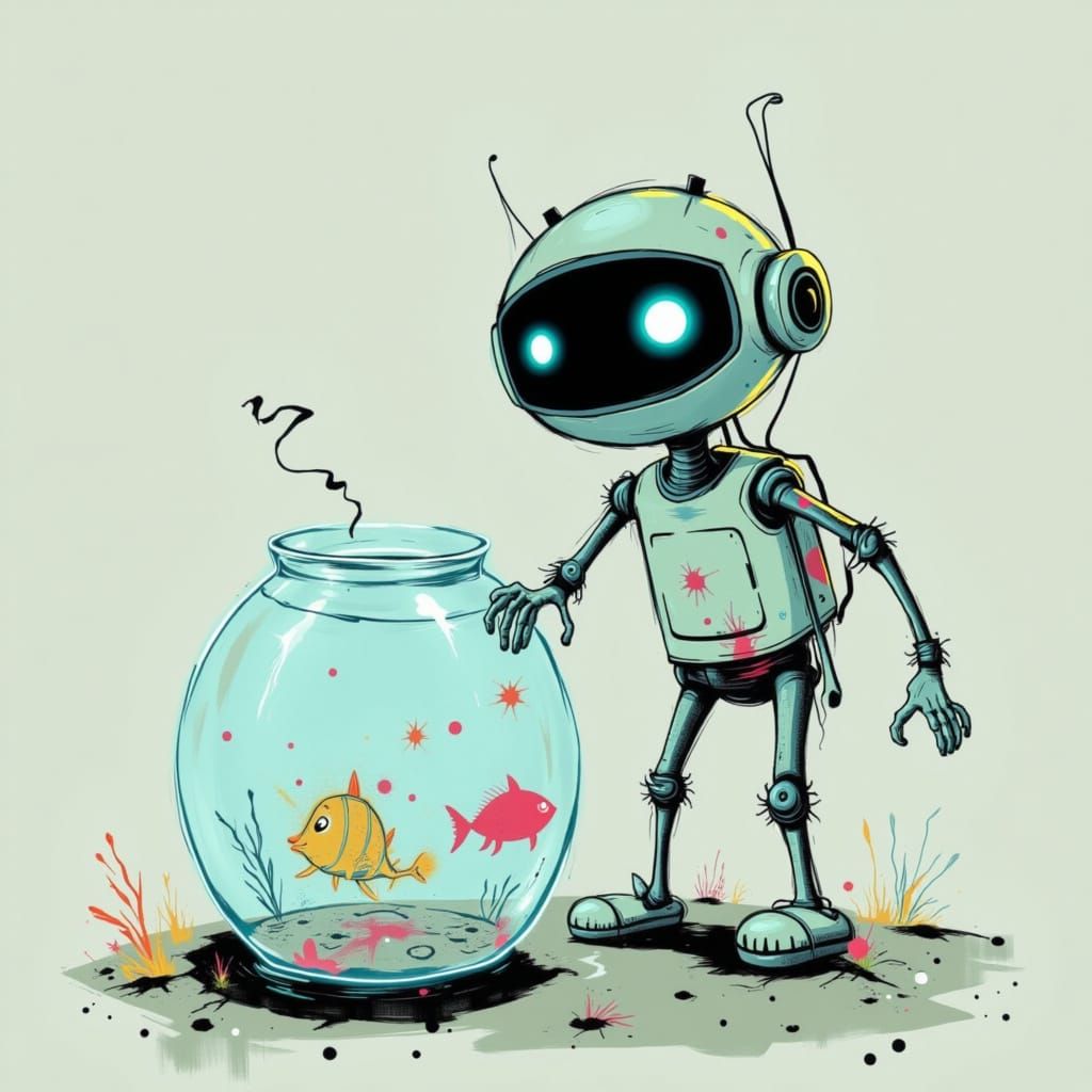 Cute Robot Holding a Fishbowl