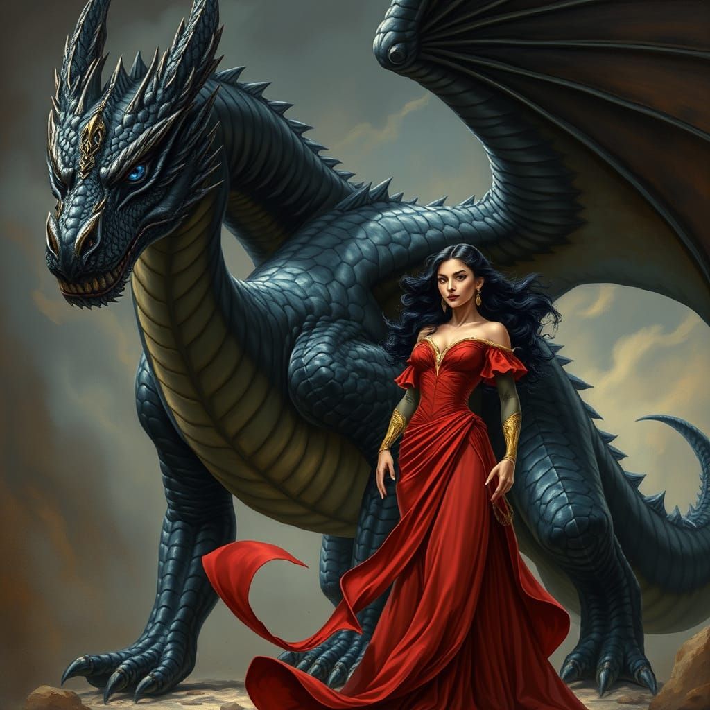 Black Dragon and Mistress Fantasy Art