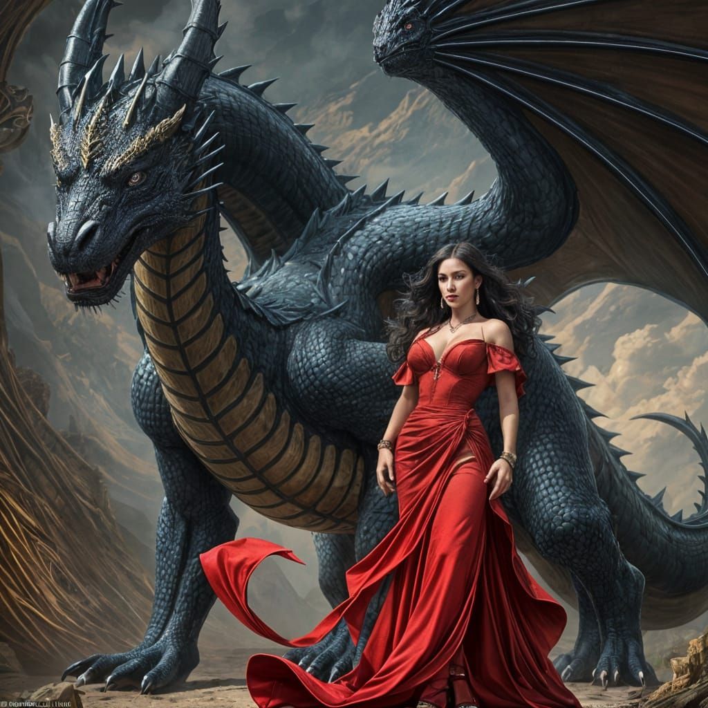 Majestic Black Dragon with Mistress in Red Dress