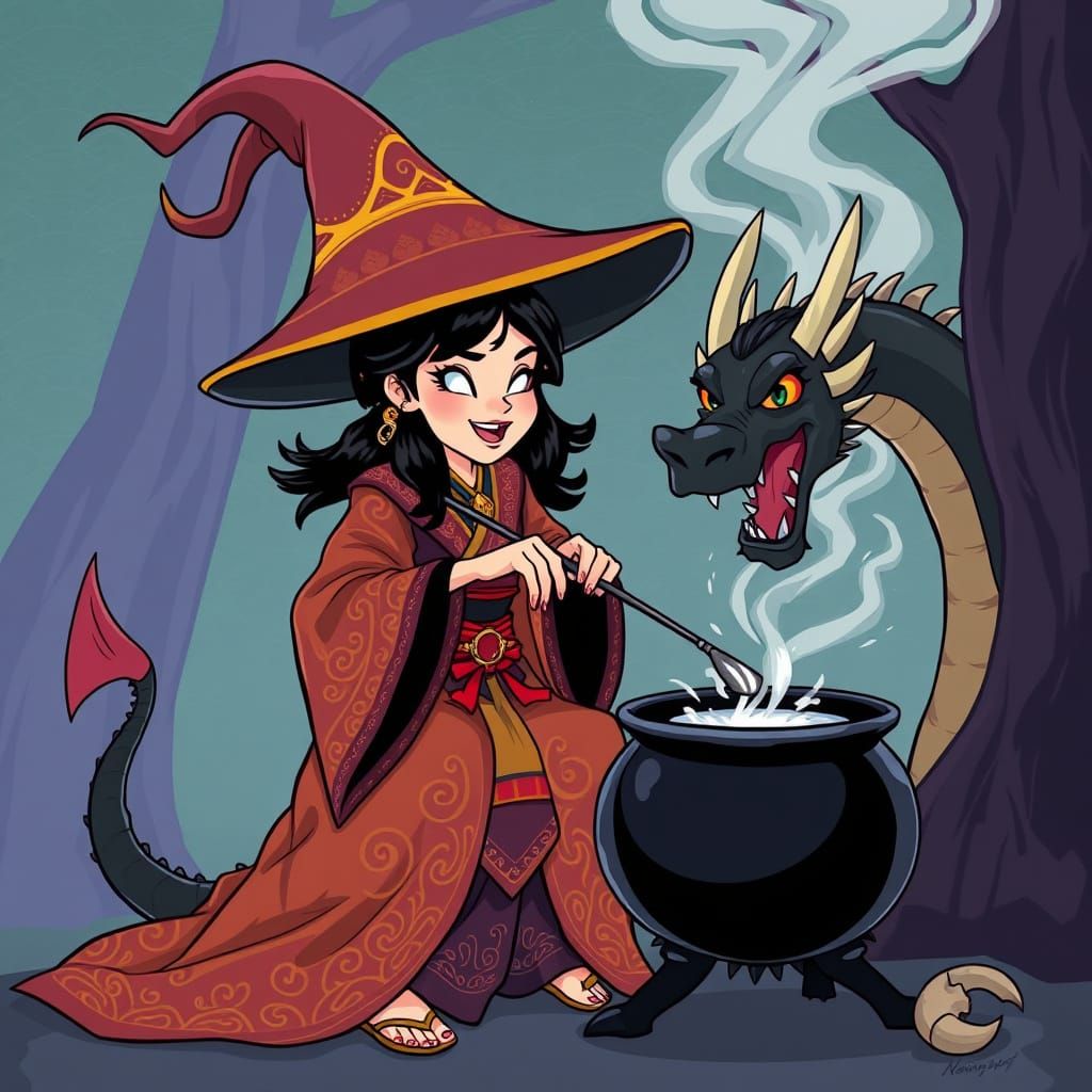 Asian Witch and Dragon in Cartoon Style