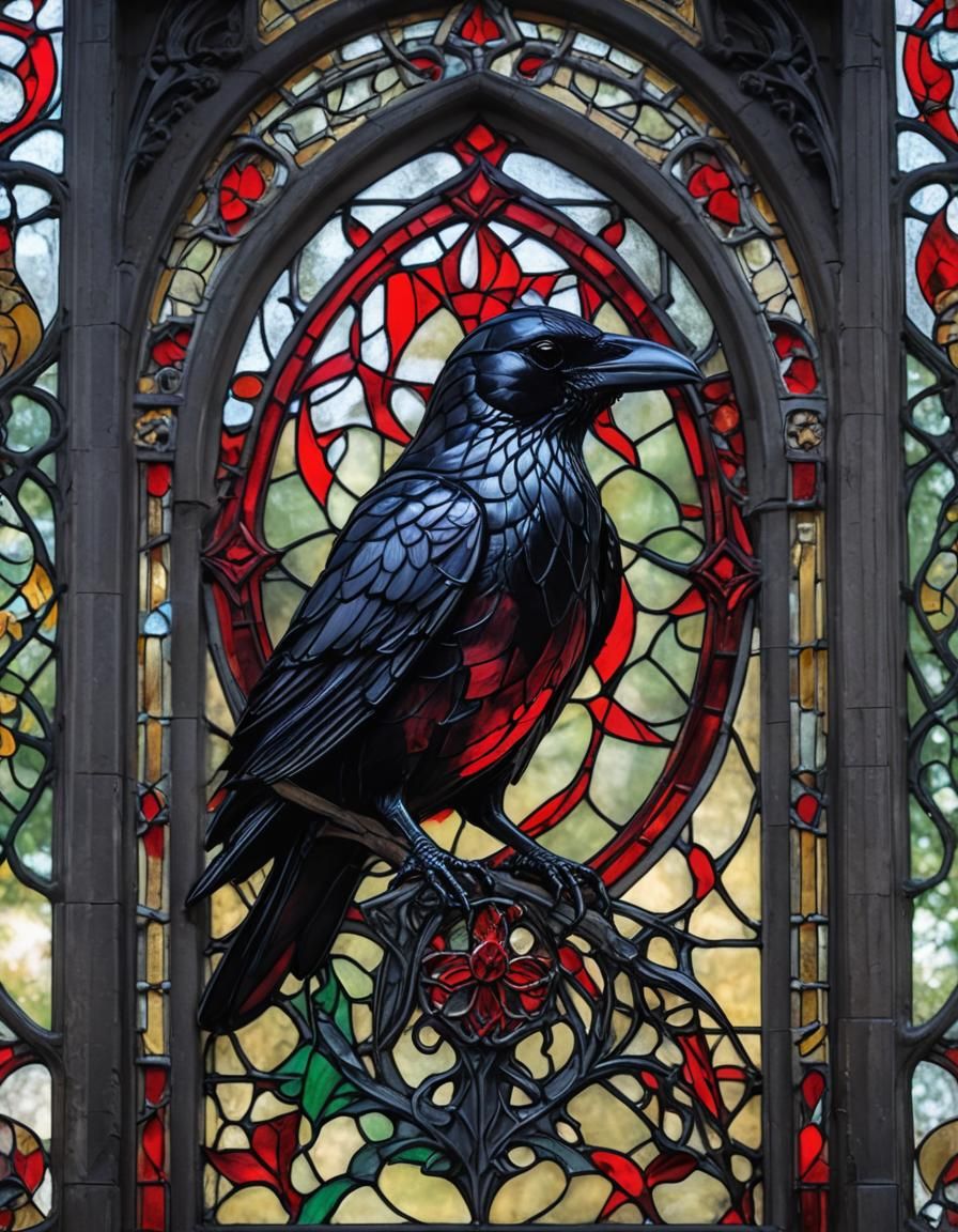 Gothic Morrigan Raven in Stained Glass Window