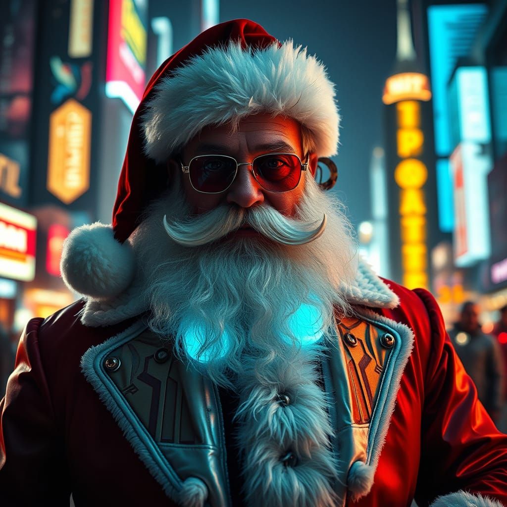 Retro-Futuristic Santa in Neon Cityscape