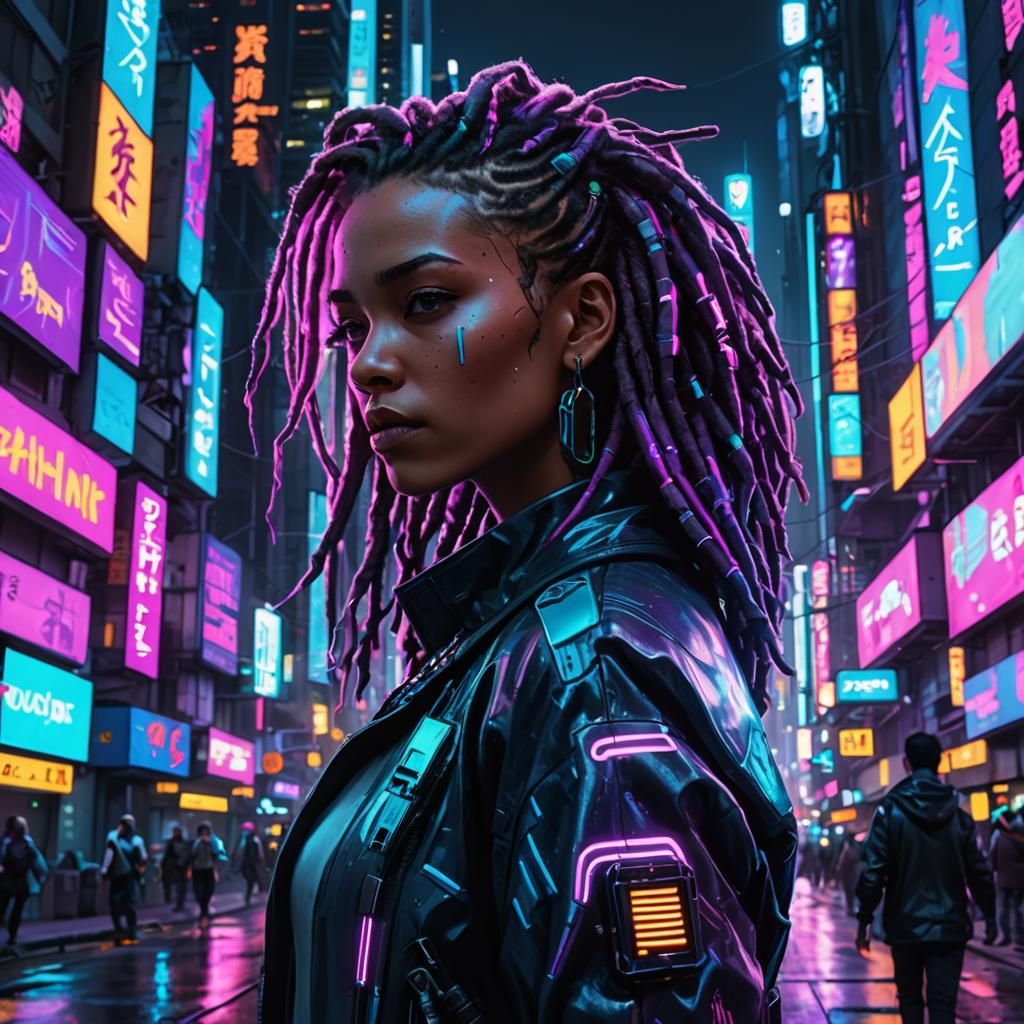 Cyberpunk Girl with Neon Dreadlocks in Futuristic City