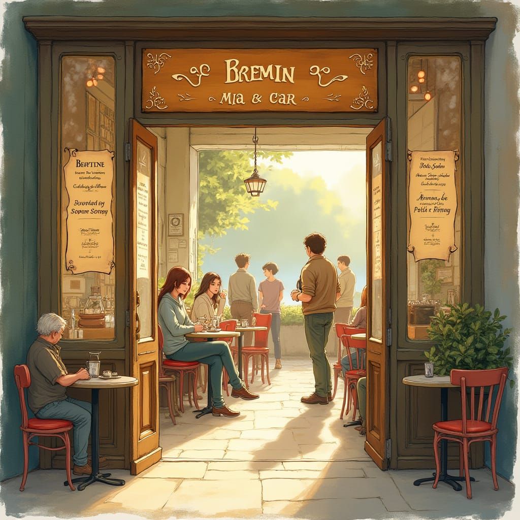 Charming Cafe Scene in Whimsical Nostalgic Style