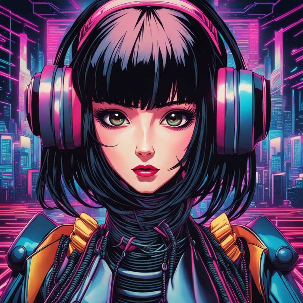 Anime Woman in Retro 80s Synthwave Style