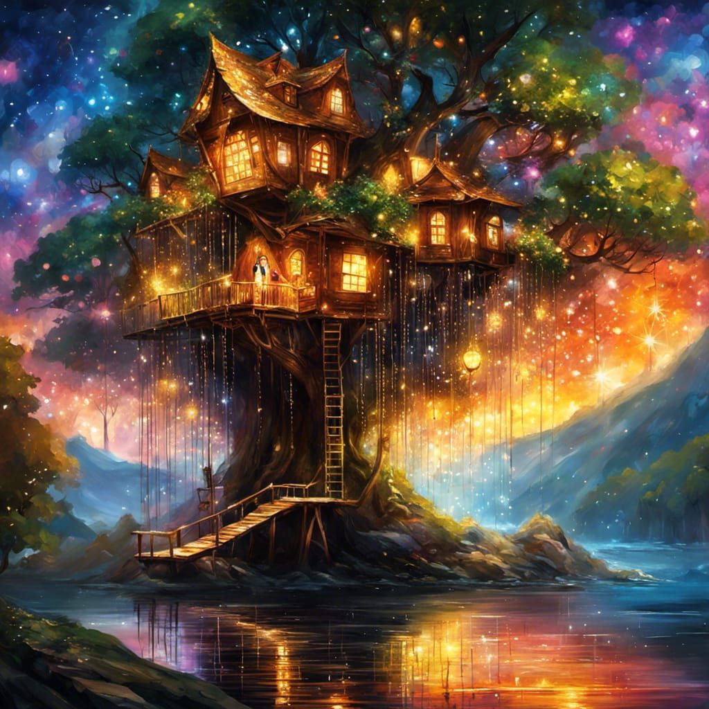 Glittering Treehouse with Sparkling Particles as Matte Paint...