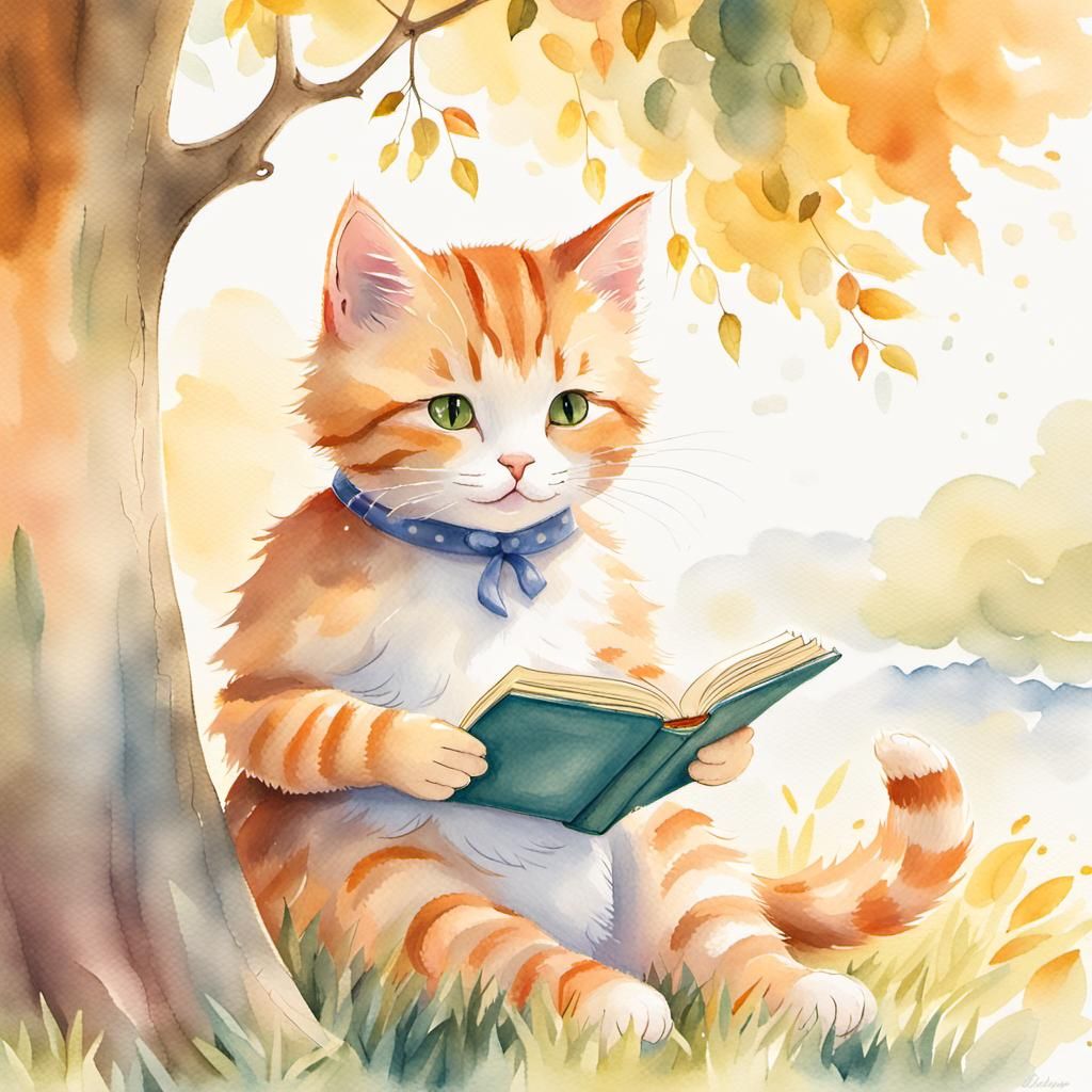 Kitty Reading Book in Sunny Storybook Illustration