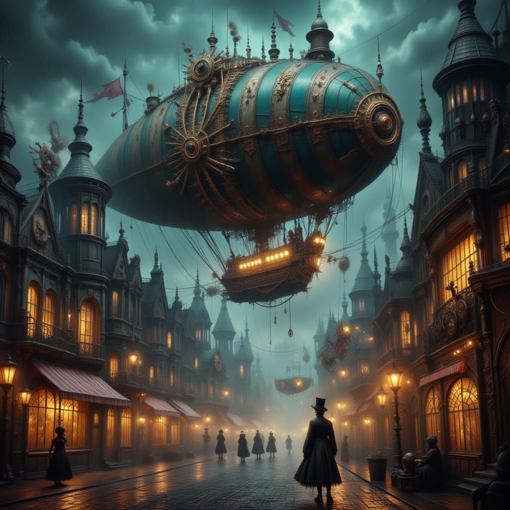 Eerie Steampunk Cityscape with Ornate Airship