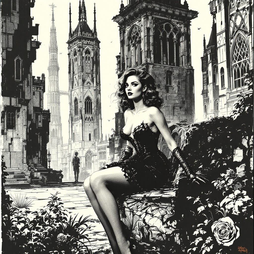 Gothic Pin-Up in Pen and Ink Illustration Style