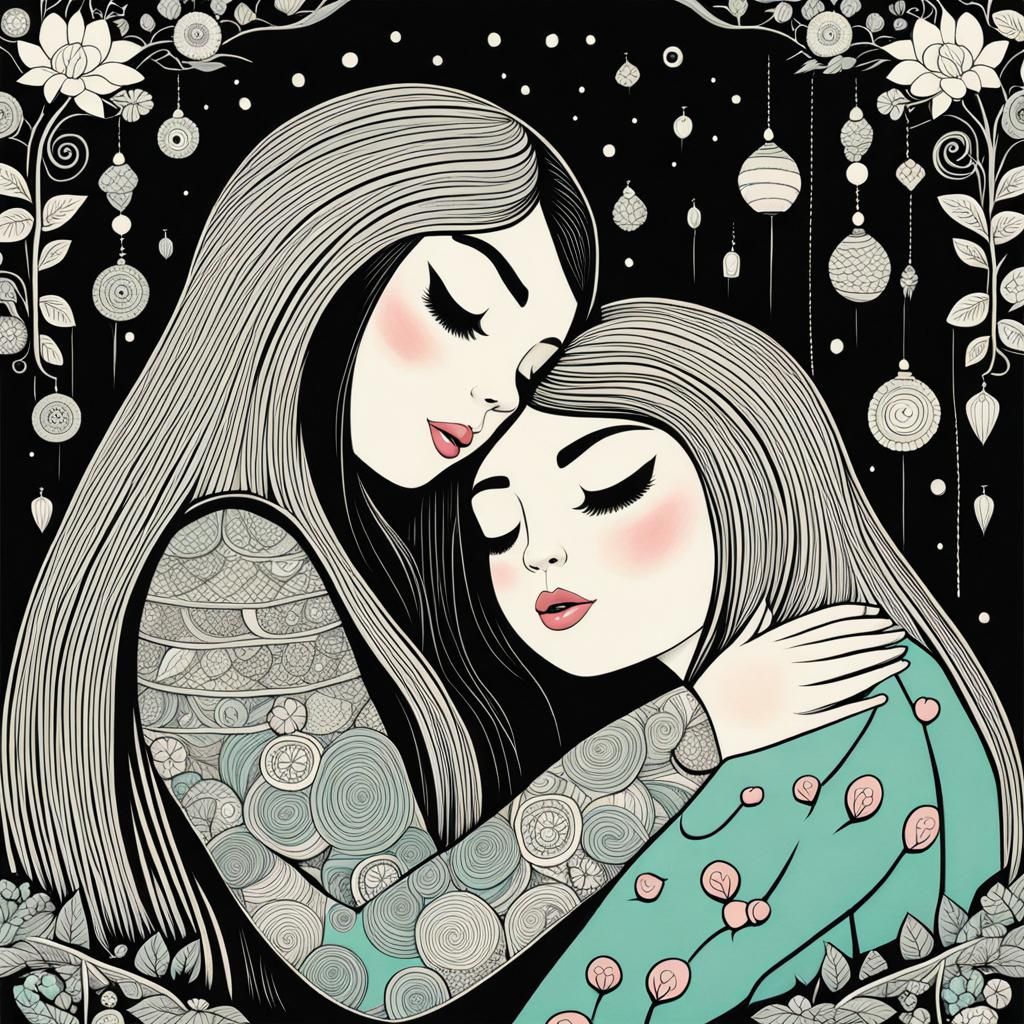 Girl Hugging Sloth in Art Brut Style