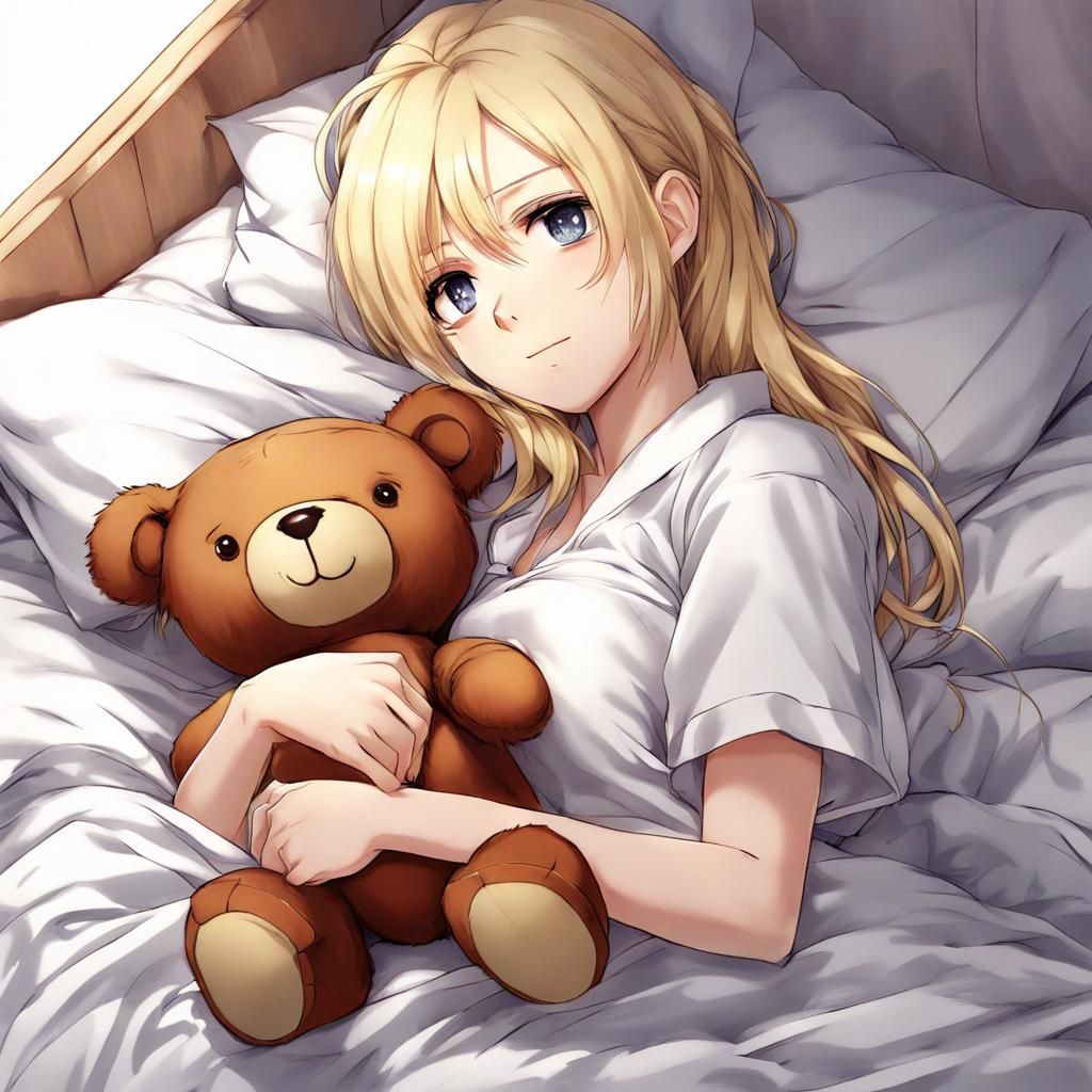 Blonde Woman with Teddy Bear in Anime Style