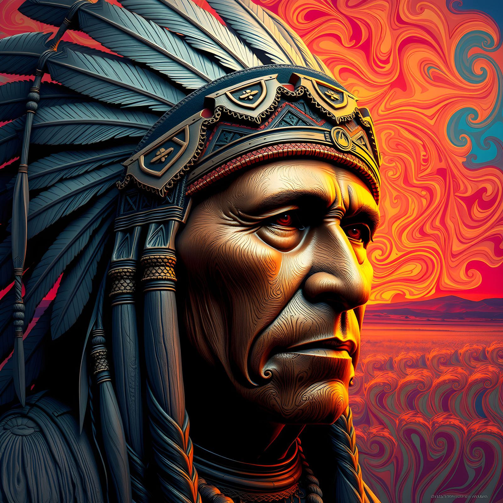 Detailed Carved Wood Portrait with Splash Art Background