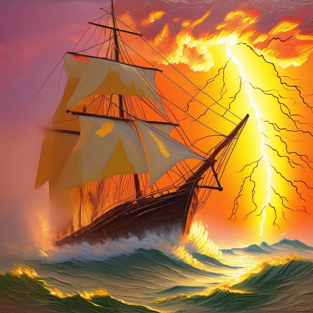 Ship at Sunset: Neo-Impressionist Oil Painting