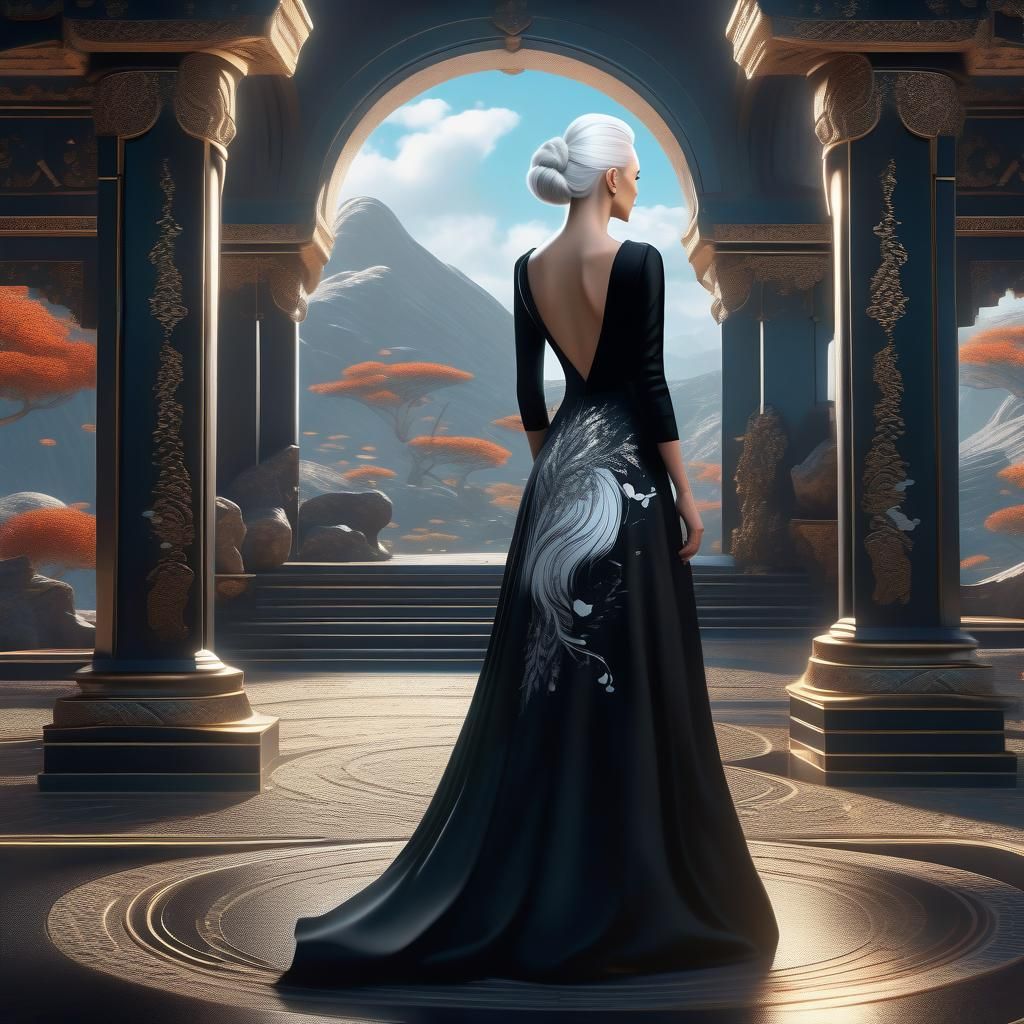 Elegant Woman in Black Dress: Fantasy Concept Art