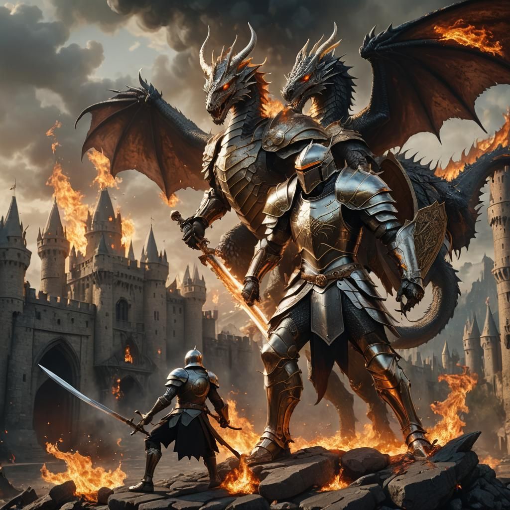Victorious Knight Stands Over Dragon, Burning Castle