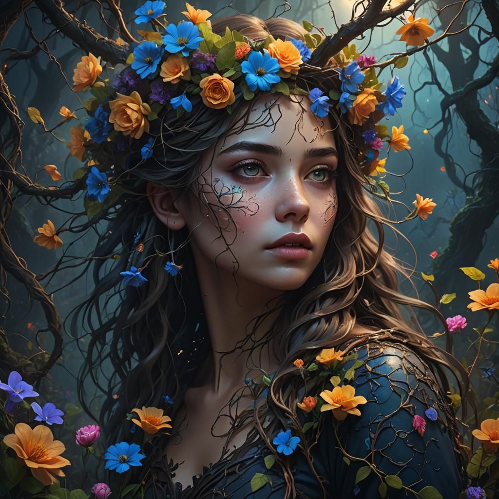 Girl Enveloped by Blooming Flowers in a Dark Mystical Forest