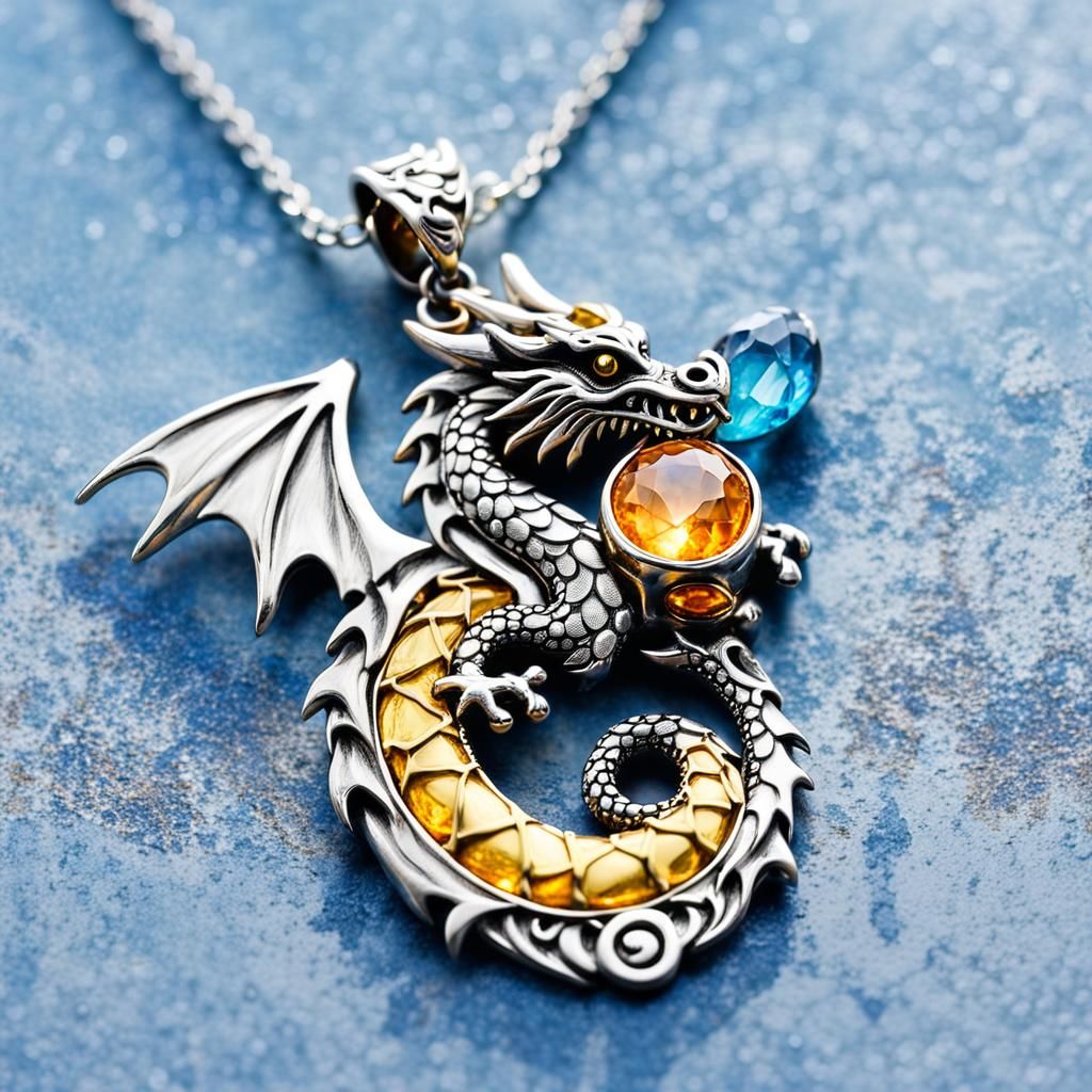Ornate Gold and Silver Dragon Gem Necklace