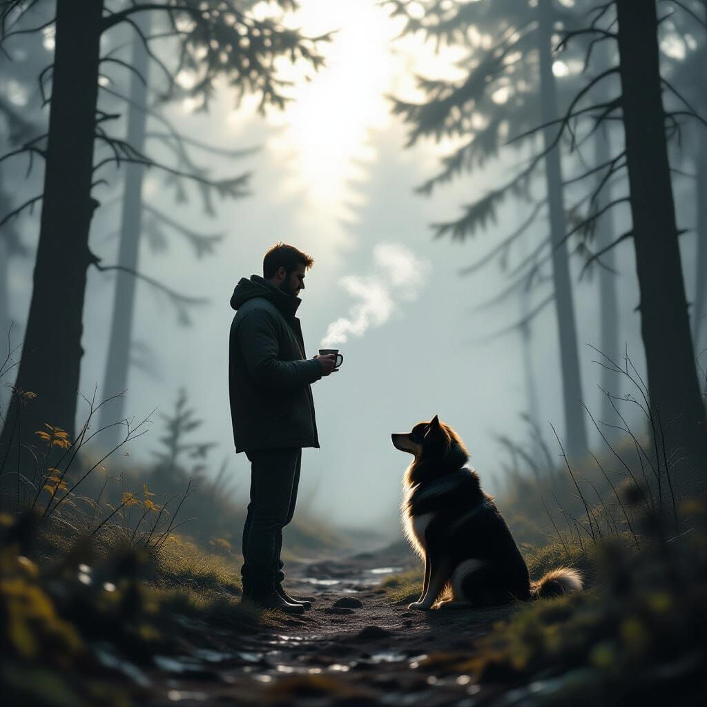 Man and Dog in Foggy Forest with Coffee
