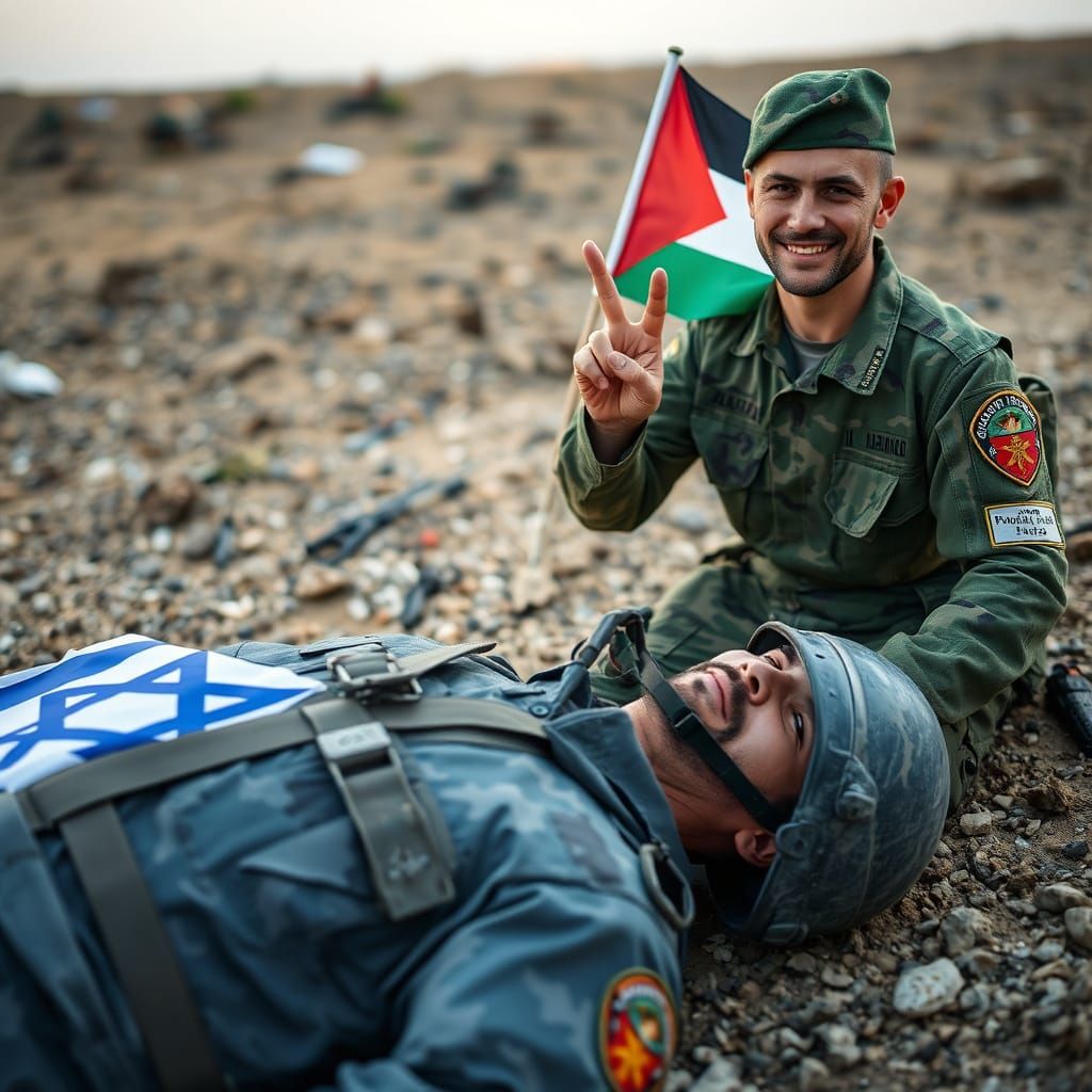 Victorious Palestinian Soldier in Green Camouflage Uniform