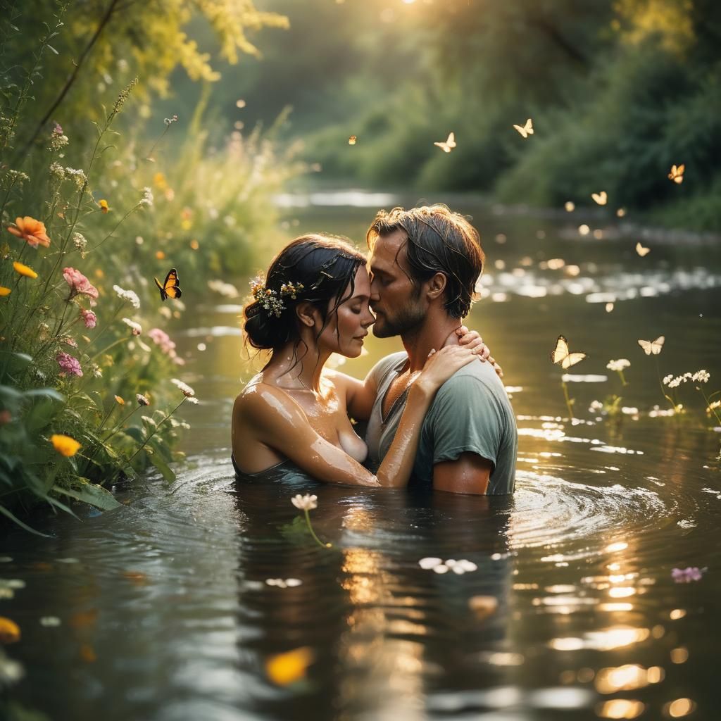 Romantic Riverside Embrace in Golden Hour Light