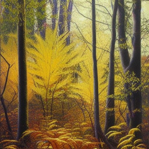 Purple Colchicum in Autumn Forest, Oil Painting