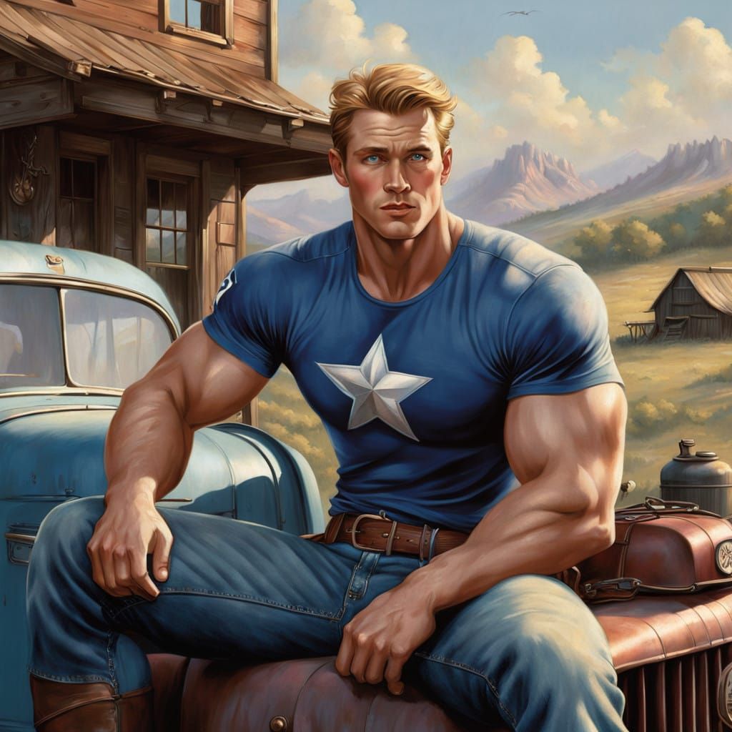 Tall, Blond Cowboy Hero in Captain America Tee, Sitting on R...