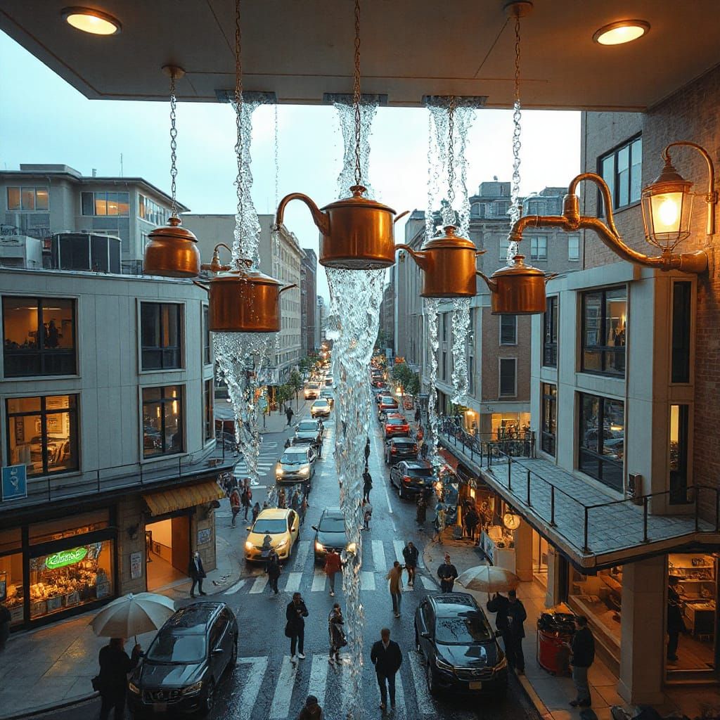 Surreal Waterfall of Kitchenware in City Intersection