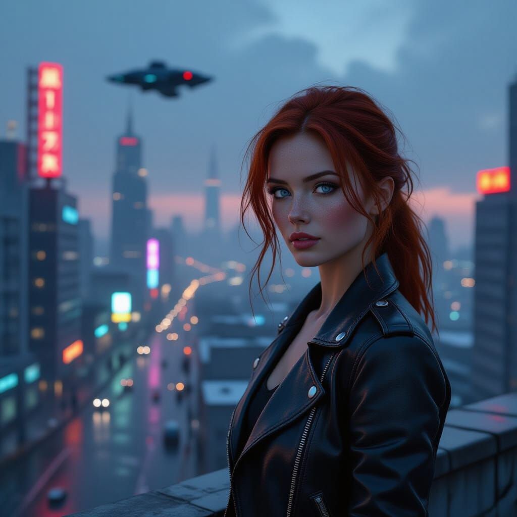 Redhead on Rooftop Overlooking Cyberpunk City at Dusk