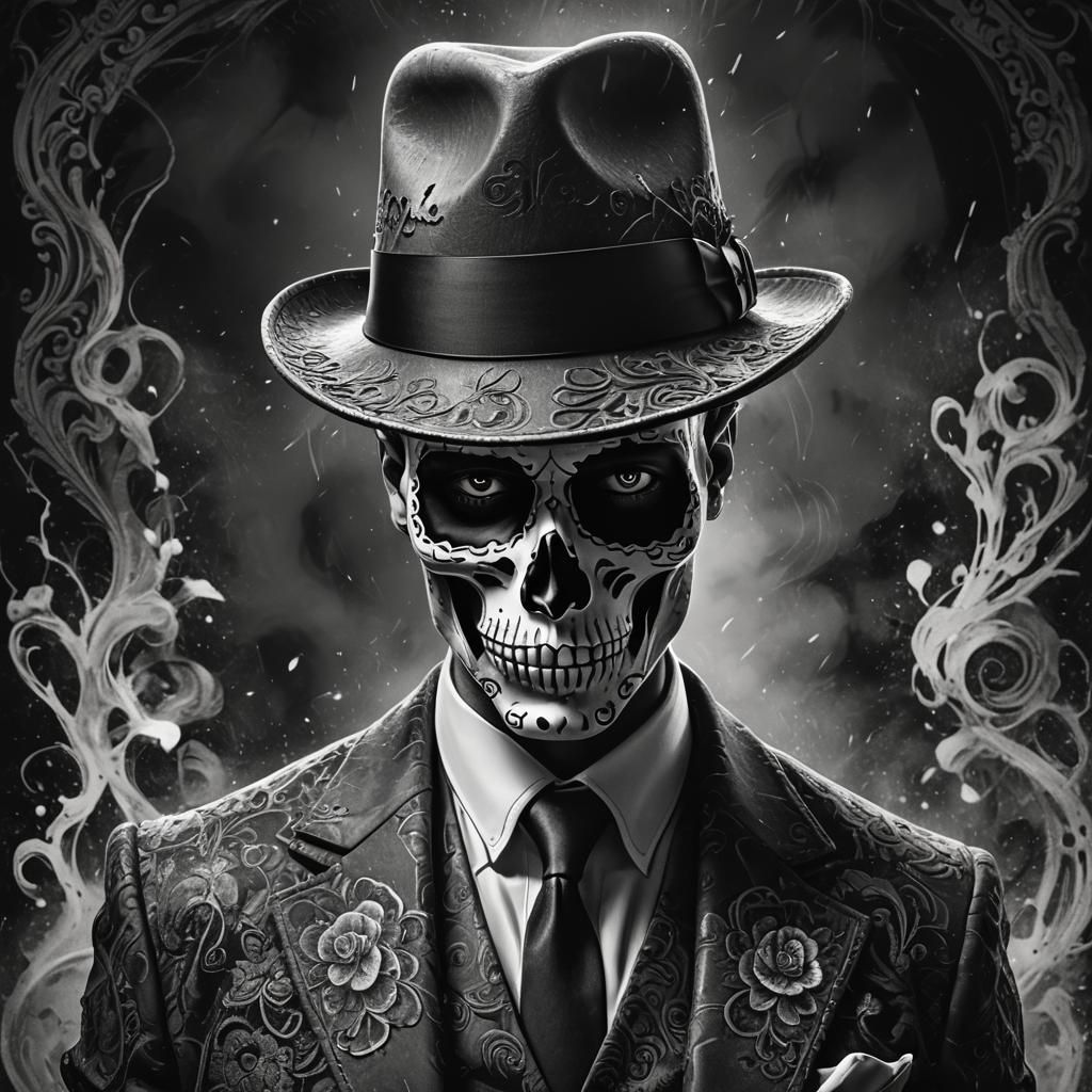 Sugar Skull Gangster Portrait in Black and White