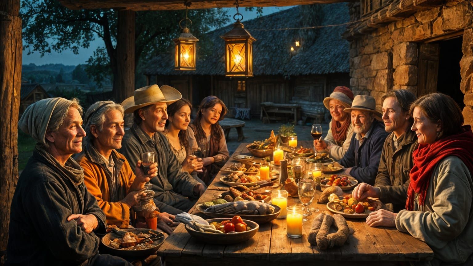 Villagers Share Harvest Feast Under Lantern Light