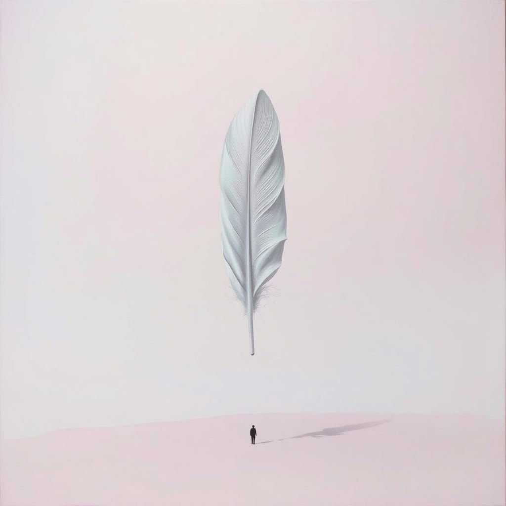 Surreal Landscape with Oversized Feather in Soft Pastel Hues