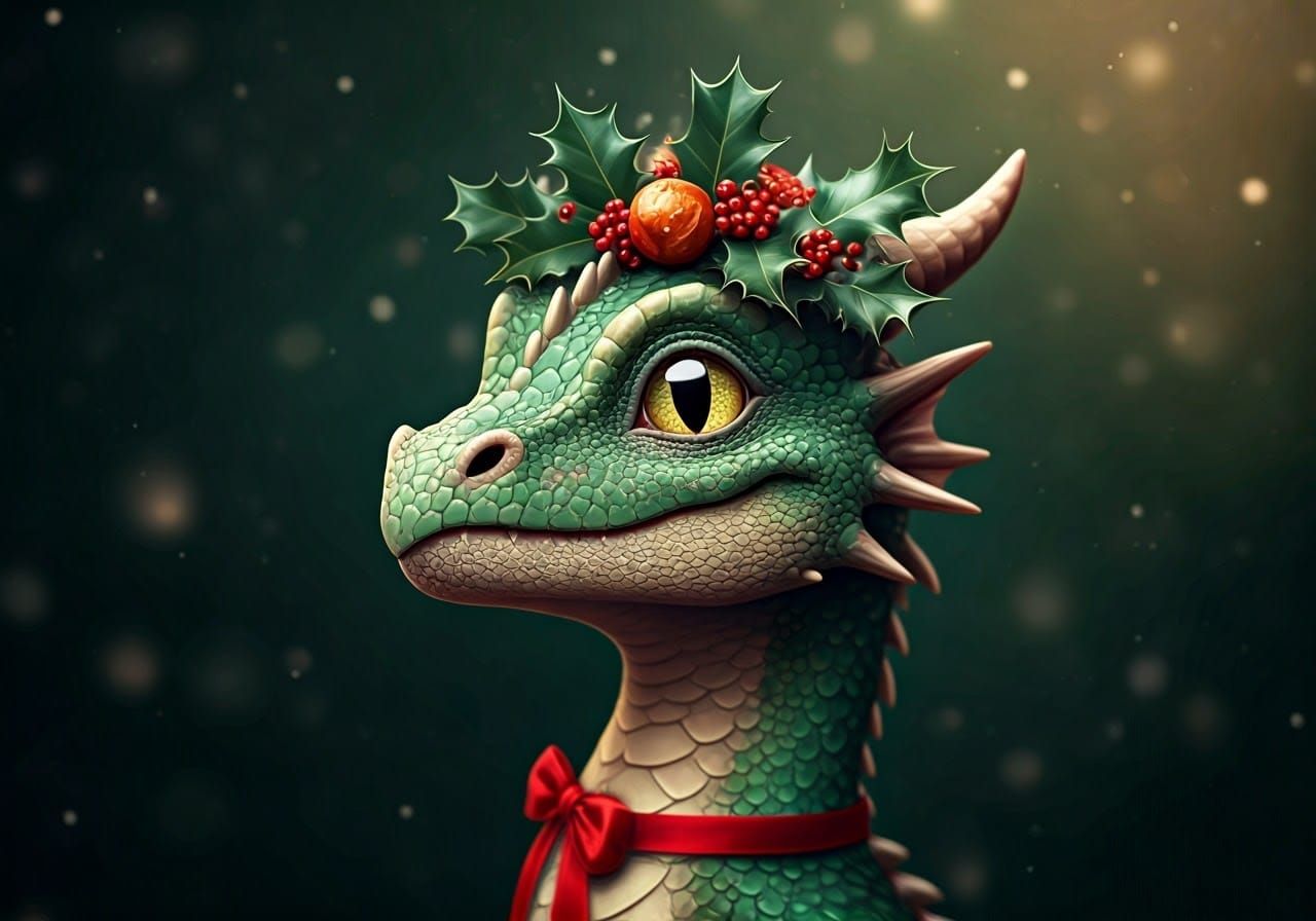 Merry Dragon Wears Holly Berry Crown