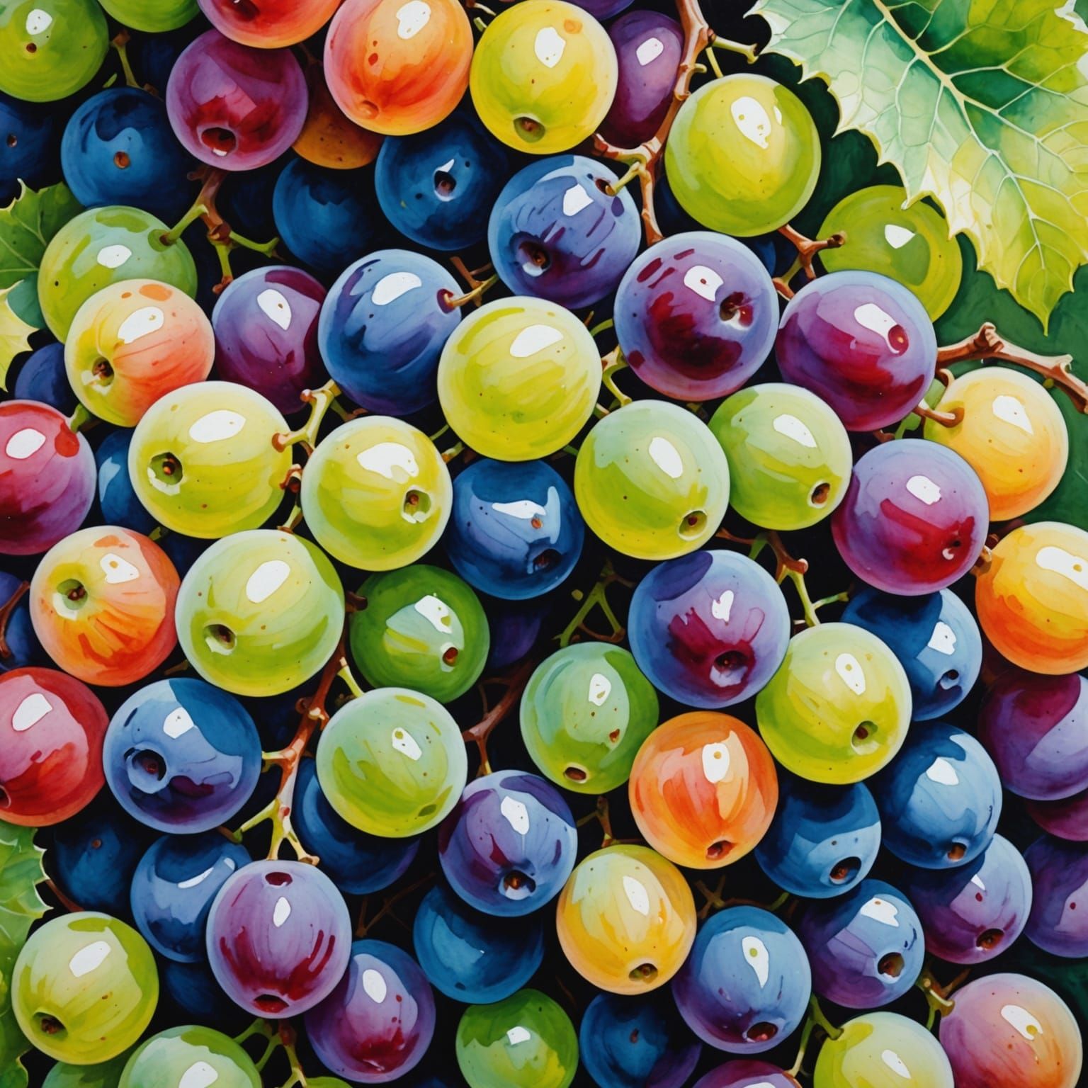 Detailed Grapes in Vivid Gouache Style