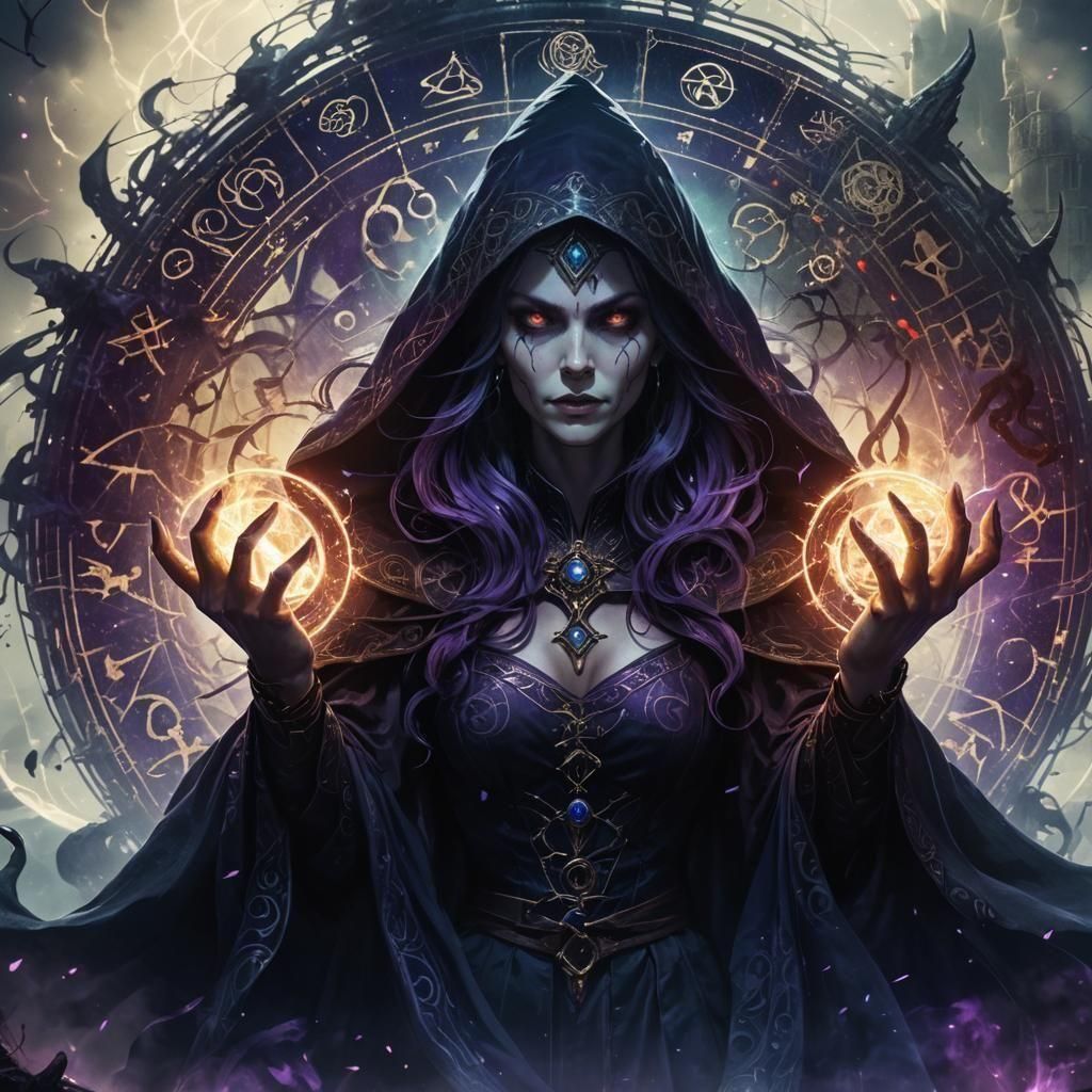 Evil Witch Portrait with Arcane Symbols, Cel-Shaded Style