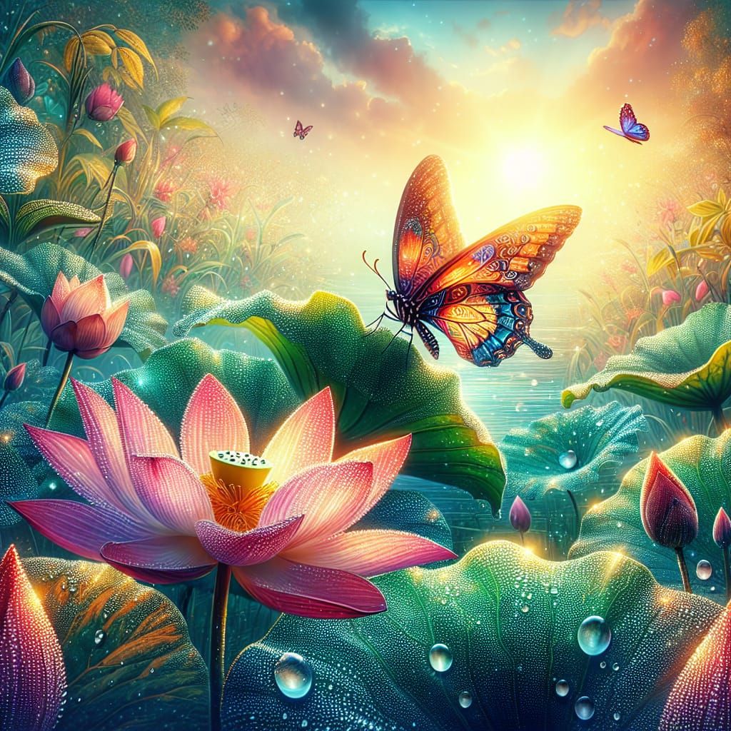 Lush Magical Environment with Vibrant Butterfly and Lotus