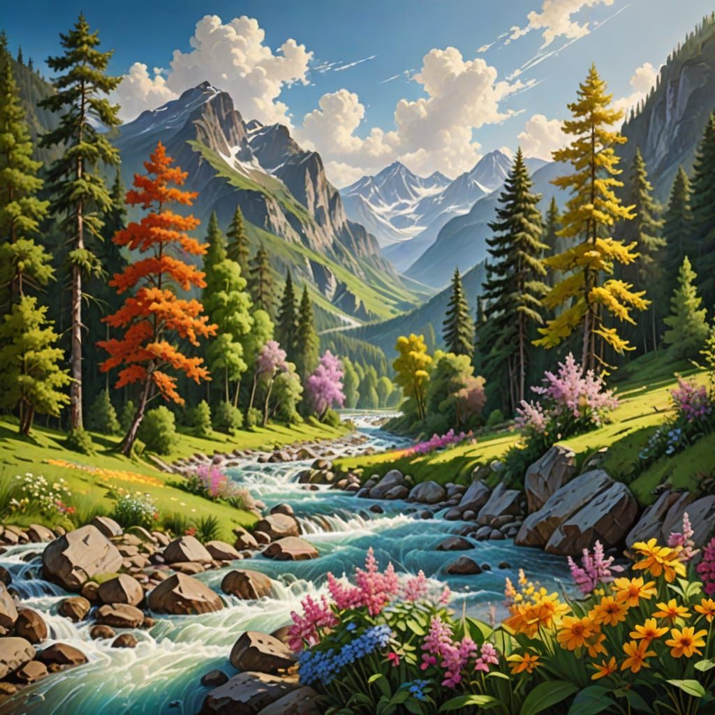 Vibrant Summer Landscape with River and Mountains