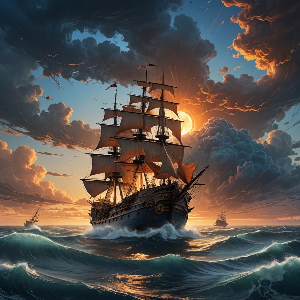 Majestic Galleon in Stormy Sunset Seas