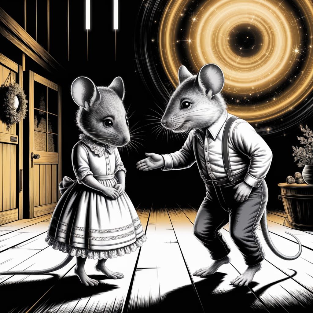 Mice Dance in Vintage Barn: Charcoal Illustration