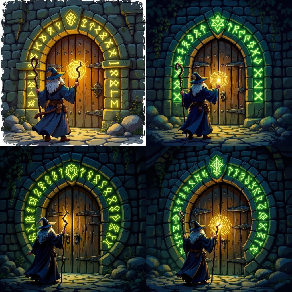 Wizard Deciphering Runes at Ancient Building Entrance