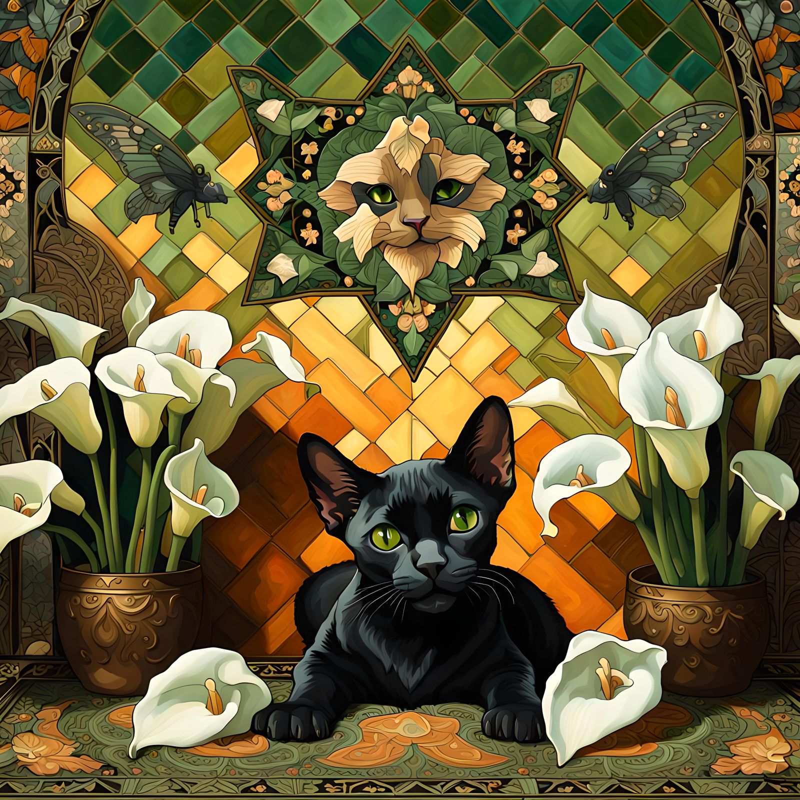 Kitschy Kittens with Lilies in Nouveau Style