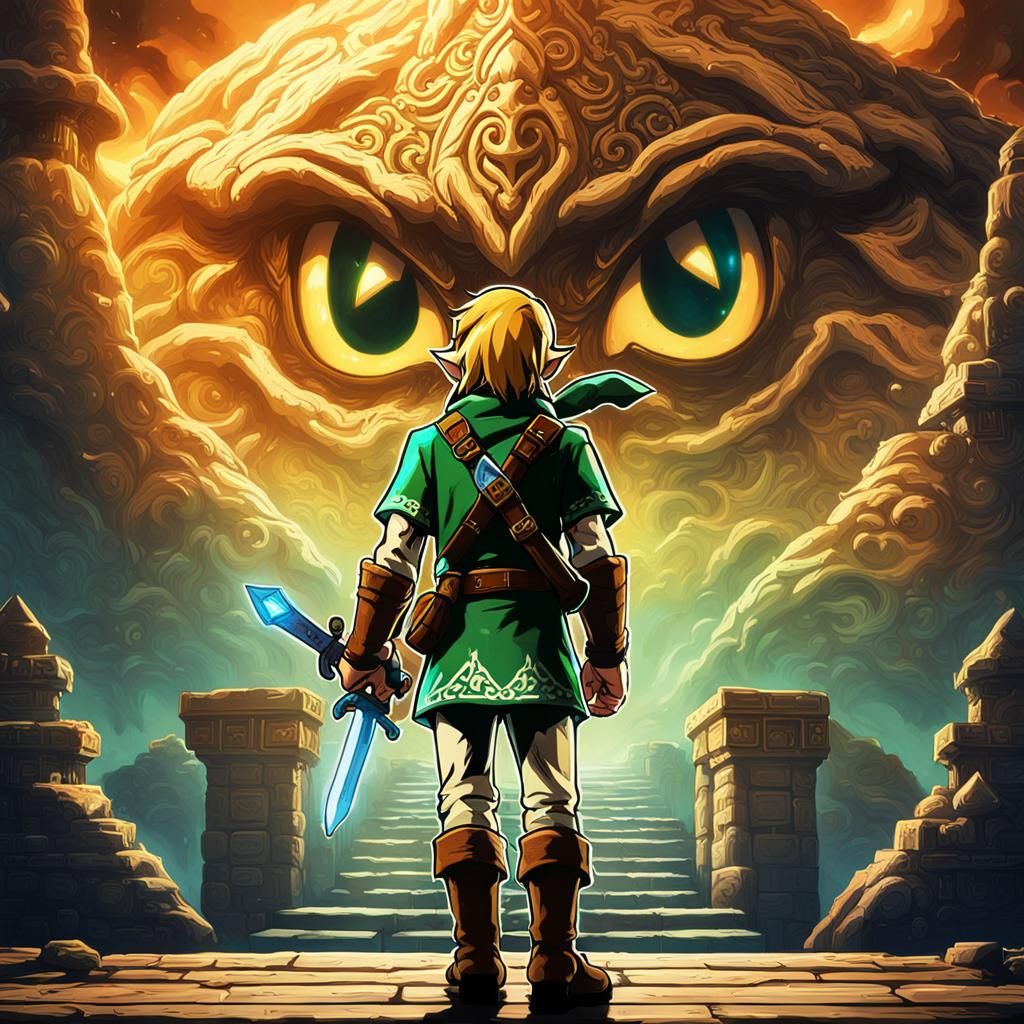Link Confronts Monster in Legend of Zelda Scene