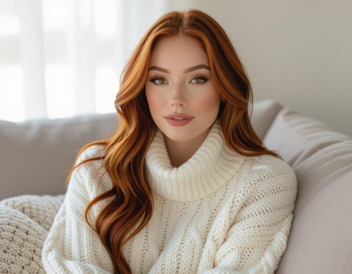 Full Body Portrait of a Tanned Ginger Woman on Couch