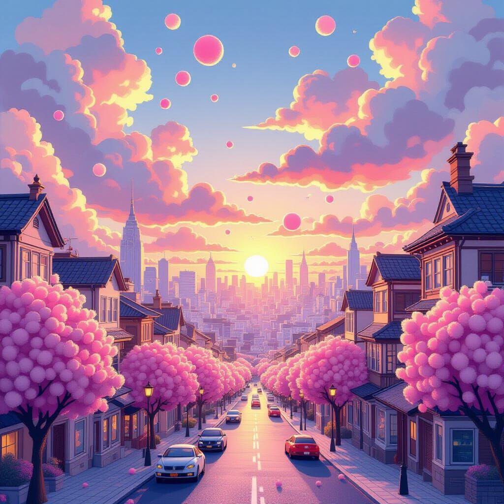 Pom-Pom Cityscape: Whimsical Sunset in Magic Realism