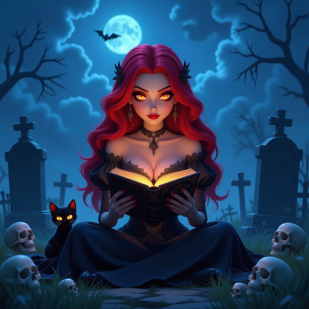 Goth Woman Reading in Spooky Graveyard with Kitten