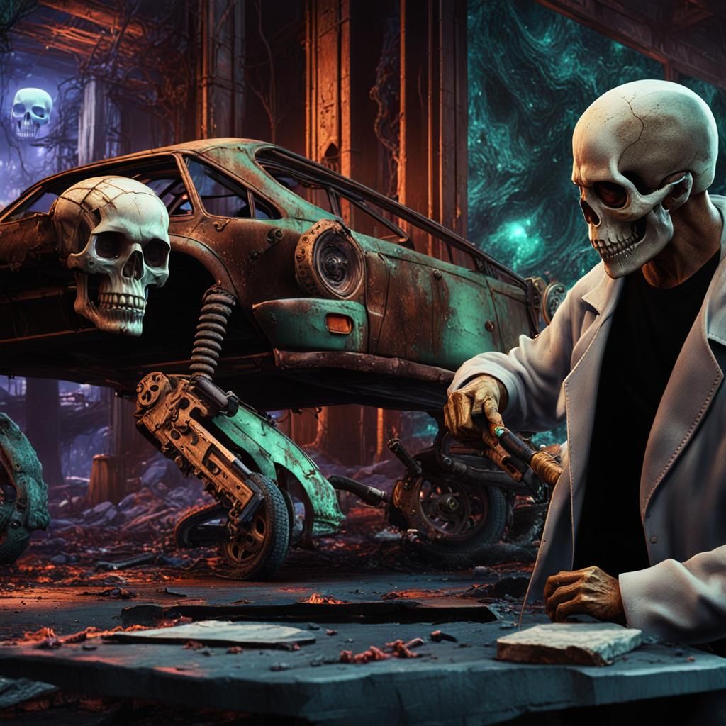 Scary Skull Mechanic in Dark Woods