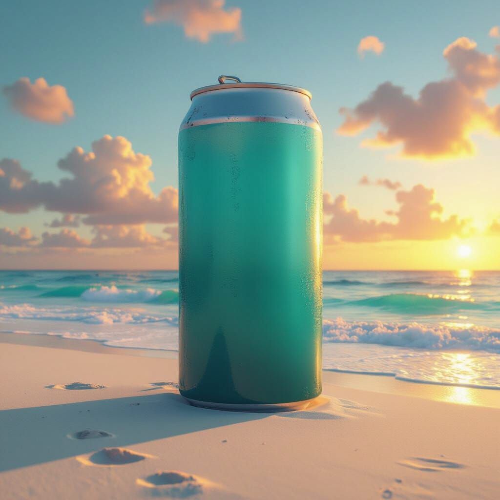 Surreal Iced Tea Can on Dreamlike Beach