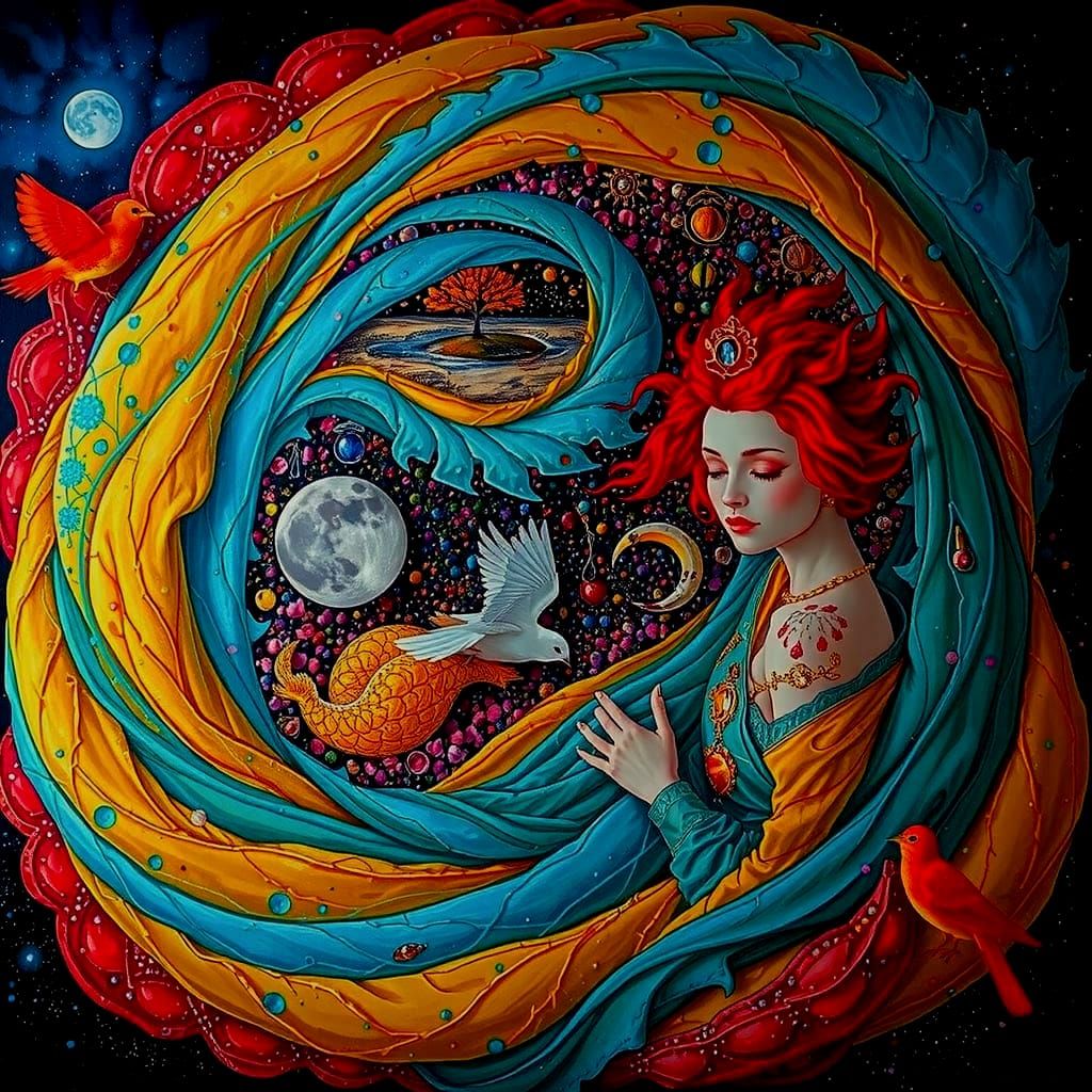 Ethereal Woman with Birds and Nature's Embrace