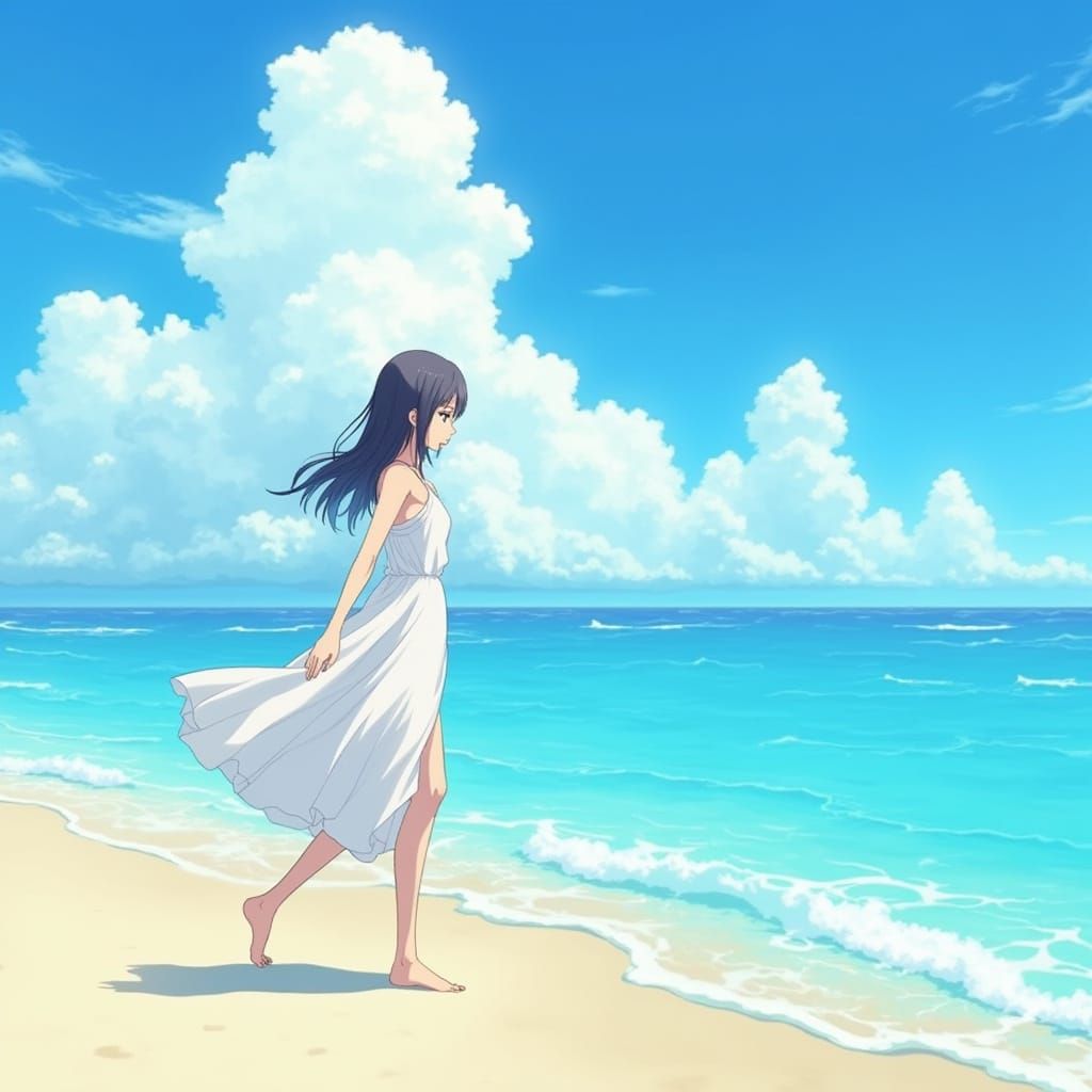 Anime Beach Scene in Style of Shinkai and Miyazaki