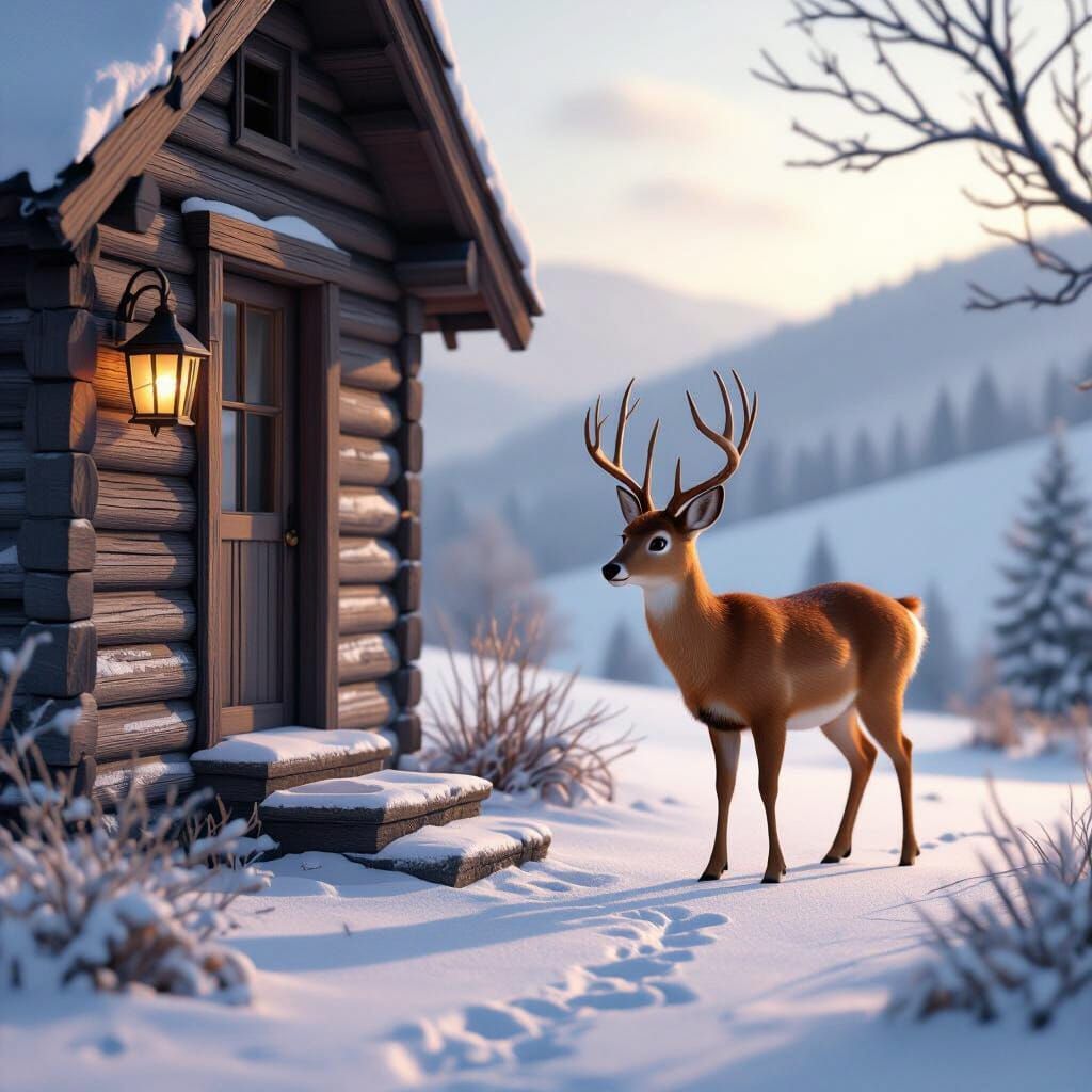Deer Approaches Snowy Cabin in 3D Animation Style